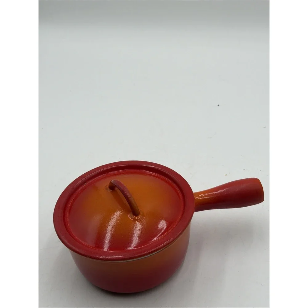Vintage Descoware 7-A 14 Enameled Cast Iron 3.5 Cups Saucepan Pot W/Lid Orange